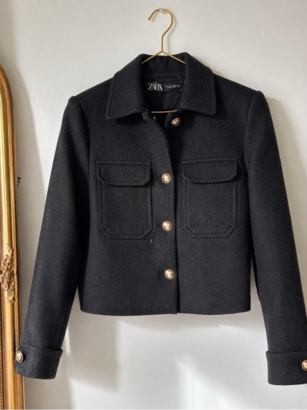 ZARA Cropped Structured Wool Jacket Black Gold Buttons | Chic Minimalist Blazer